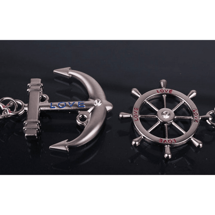 4EVER Romantic Stainless Alloy Metal Silver Nautical Steering Wheel Anchor & Love Boat Rudder Helm Couple Keychain