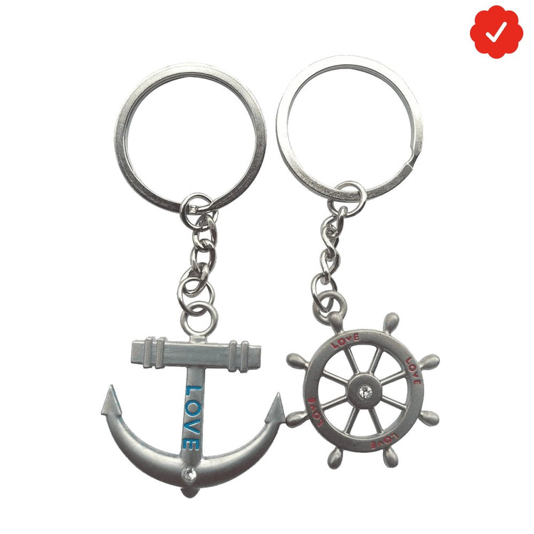 4EVER Romantic Stainless Alloy Metal Silver Nautical Steering Wheel Anchor & Love Boat Rudder Helm Couple Keychain