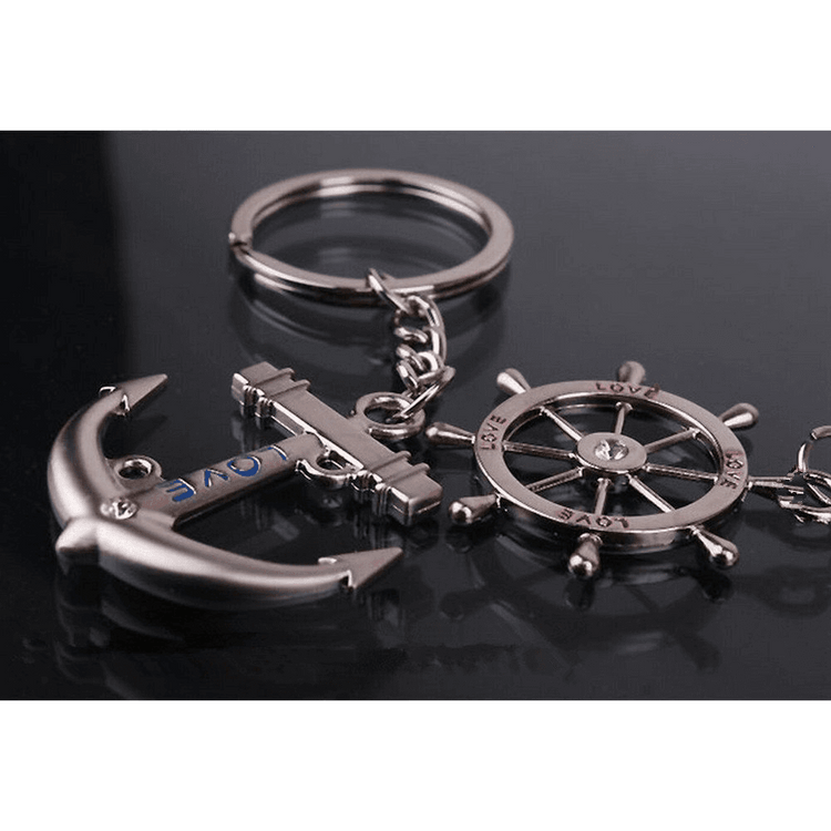 4EVER Romantic Stainless Alloy Metal Silver Nautical Steering Wheel Anchor & Love Boat Rudder Helm Couple Keychain
