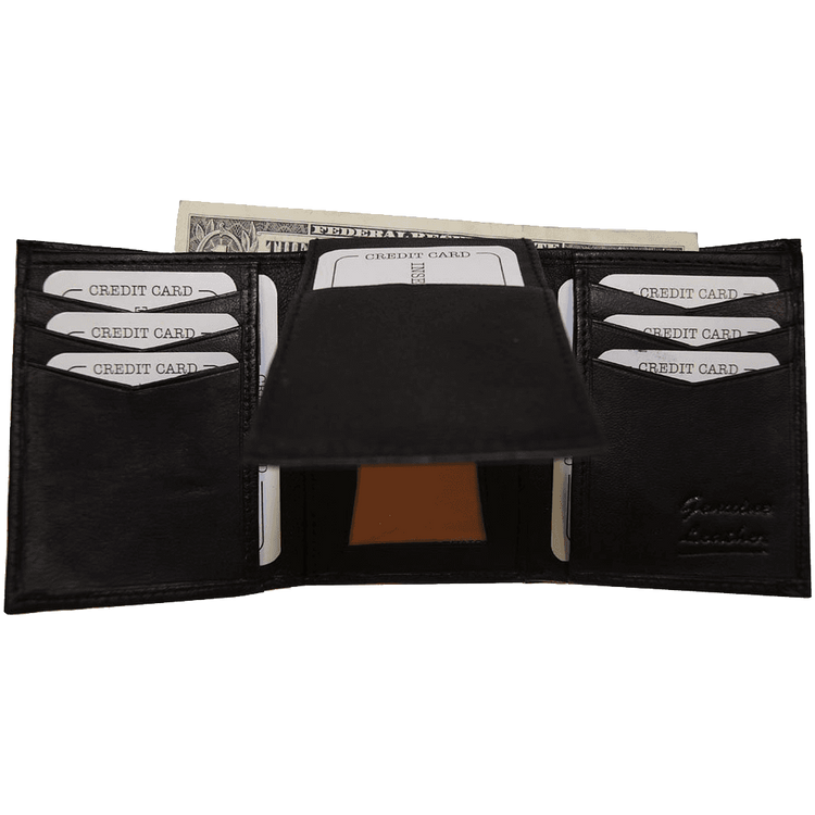 Improving Lifestyles Leather Men Tri Fold Wallet FIXED Flip Up Window ID with FREE Organza Gift Bag