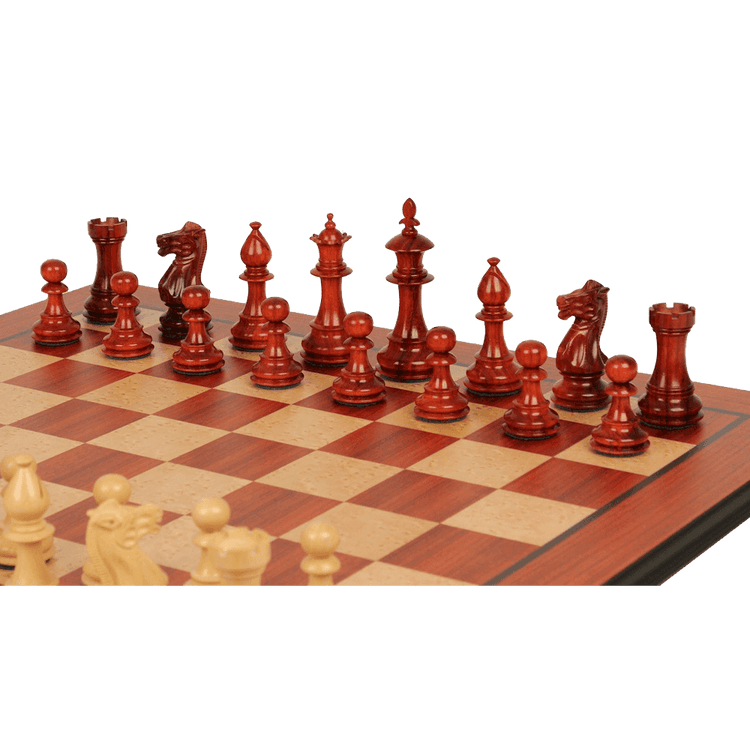 The Chess Store Royal Staunton Wood Chess Set African Padauk & Boxwood Chess Pieces with Padauk & Bird's Eye Maple Molded Chess Board