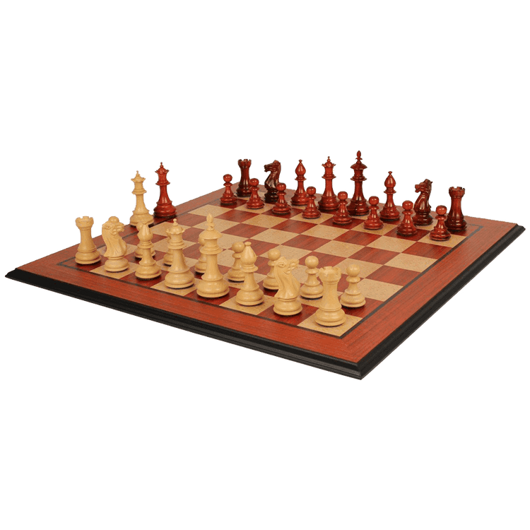 The Chess Store Royal Staunton Wood Chess Set African Padauk & Boxwood Chess Pieces with Padauk & Bird's Eye Maple Molded Chess Board